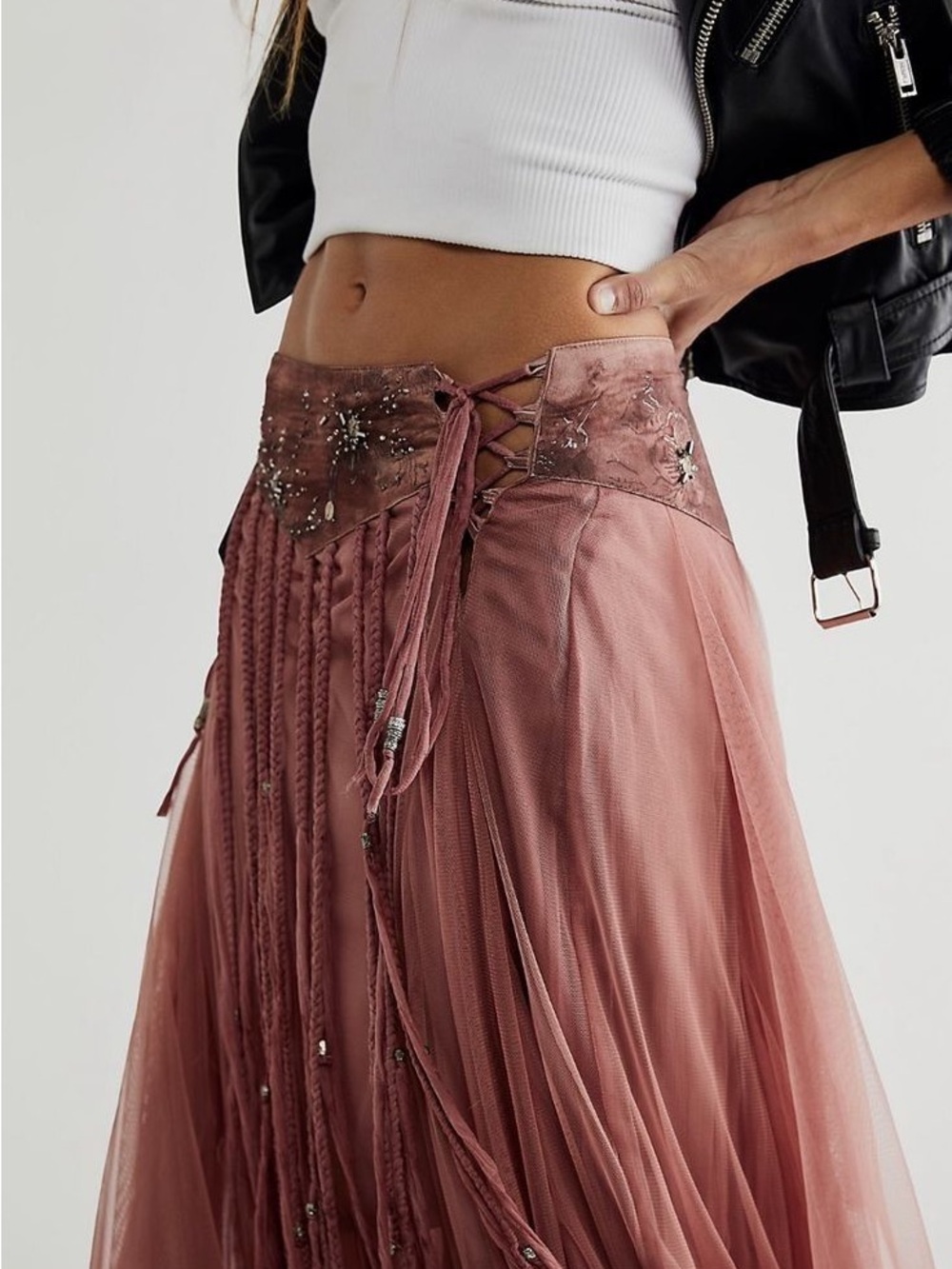 Free People Bohemian Lace-Up Maxi Skirt in Dusty Rose